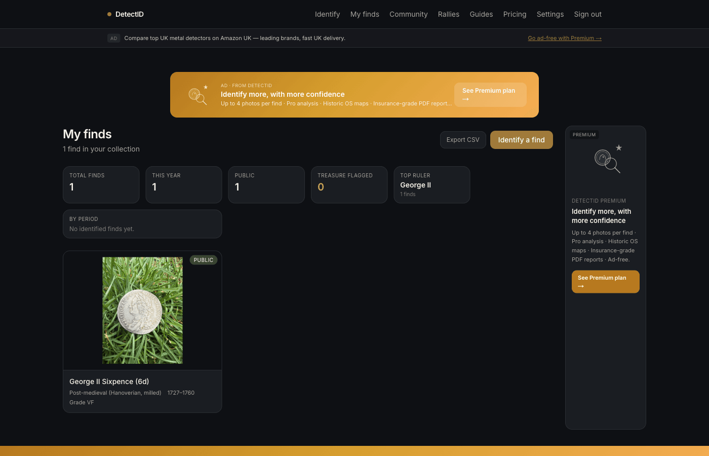 The collection page with the stats strip and the Export CSV button.