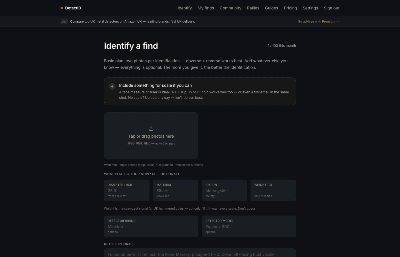 The /identify upload area where photos are added.