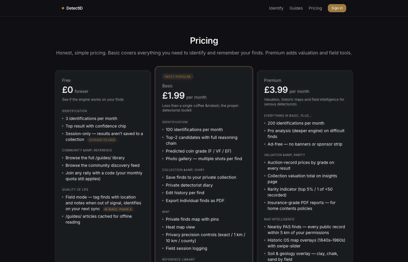 The DetectID pricing page.